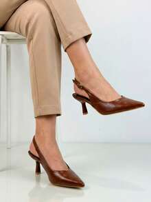 Soraia Shoes, Minimalist Slingback Court Shoes With Pointed Toe And Medium Thin Heel - Classic And Comfortable Style With Buckle - Camel - View 3