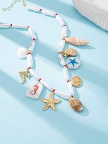 1件海洋风贝壳项链，可爱螃蟹、贝壳、海马、珊瑚、海豚吊坠，女士海星吊坠项链，适合度假、海滩、派对、日常佩戴（贝壳颜色、尺寸和形状随机） - 彩色 - 查看 2