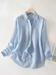 女士休闲通勤褶皱纹理面料前短后长宽松落肩长袖衬衫 - 淺藍色 - 查看 3