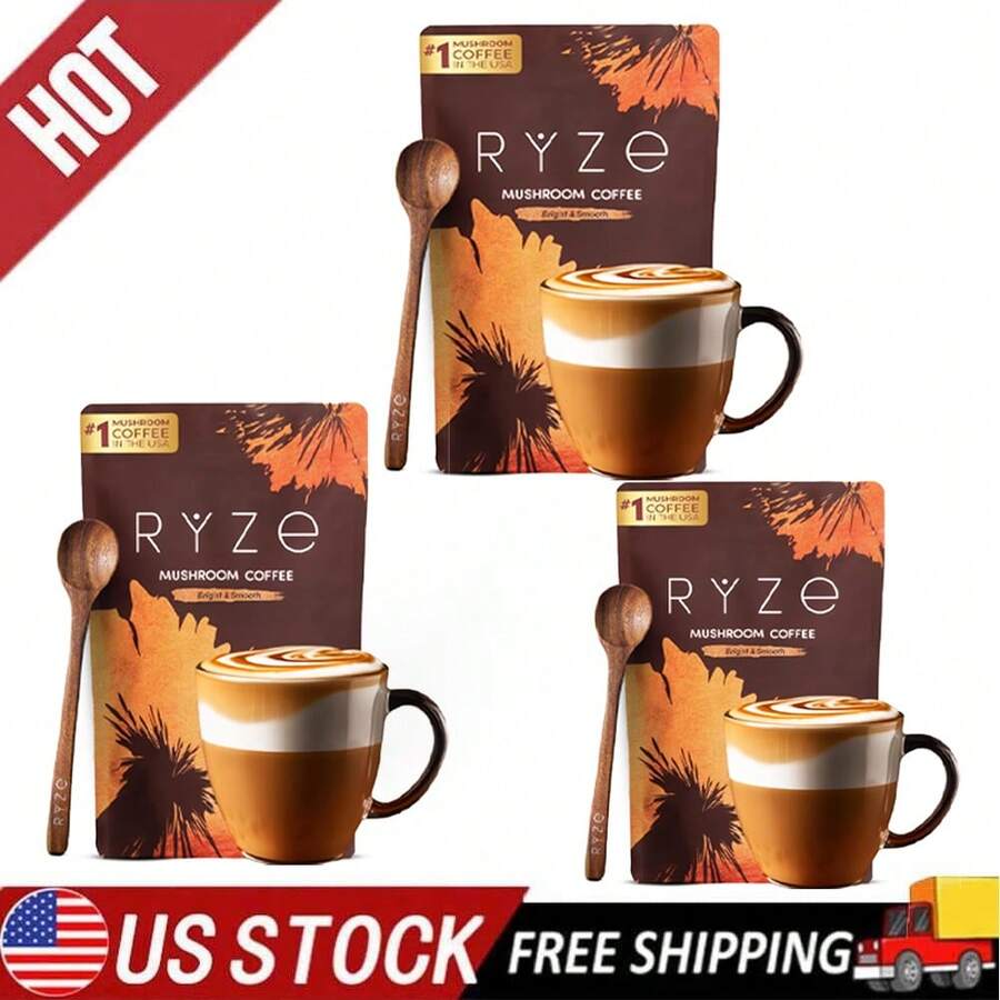 Mushroom Coffee USDA Organic With 6 Adaptogenic Mushrooms And MCT Oil, USA Grown Instant Coffee For Better Energy, Focus, Digestion, Immunity With Lions Mane & Turkey Tail, 30 Servings - 卡其色3 - 查看 1