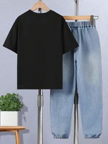 男童休闲印花缎带口袋短袖上衣和缎带裤套装，春夏款 - 黑色 - 查看 2