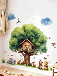 1片/3片装儿童房装饰墙贴，云朵气球动物、恐龙地图、窥视动物、大树上的动物小屋，PVC自粘可移除墙贴，适用于卧室、客厅、书房、餐厅、浴室、家居墙面装饰、房间装饰 - 彩色 - 查看 13