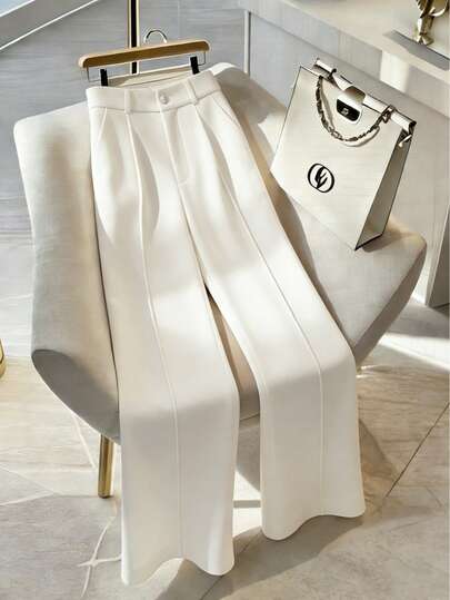 Women's New Spring/Summer White Zipper Pocket Button Casual Loose Straight Leg Pants, Suitable For Office, Work, Casual, Commute, Holiday