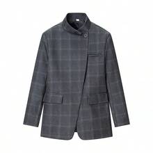 Áo khoác nữ thanh lịch, kiểu dáng thường ngày, kẻ caro, phong cách retro cổ đứng, cài một hàng khuy, có túi trang trí, thích hợp cho mùa xuân. - Xám - Xem 7