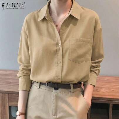 ZANZEA Women Buttons Long Sleeve Casual Loose Shirt Solid Curved Hem Tops Office Work Blouse