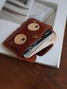 1pc Retro Cartoon Cat Design Compact Leather Card Holder Wallet, Large Capacity & Lightweight - Multicolor - View 2