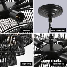 Black Woven Rattan Chandelier - Layered Circular Boho Tropical Chandelier, Adjustable Height For Dining Room & Living Room - 20 Inch - View 9