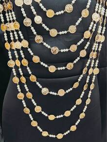 1件装奢华女士金币及仿珍珠多层镀金身体链，比基尼链，适合新娘、婚礼、派对、节日、假日礼物，绿色配饰 - 金色 - 查看 3