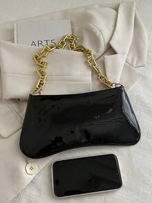 1pc Metallic Gold Chain Decor One Shoulder Underarm Baguette Bag - Black - View 4