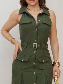 Women's Fashion Dress With Collar, Button Detail And Belt, Summer/IN0045 - xanh quân đội - Xem 5