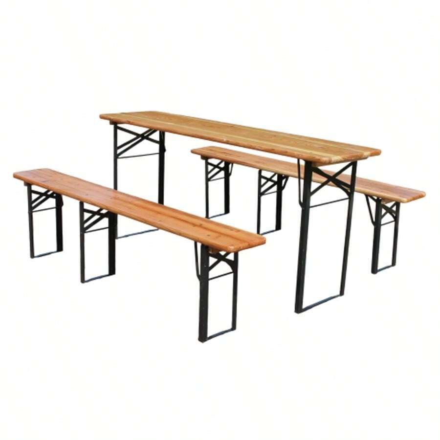 Folding Beer Garden Set 175 Cm, 3 Pieces: 1 Folding Table + 2 Benches, Weather-Resistant Solid Pine, Space-Saving. - Natural Color - View 1