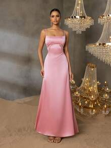 Faeriesty Đầm dạ hội thanh lịch với dây đeo mảnh, lưng hở, khóa kéo ở eo, kiểu dáng thướt tha, phù hợp cho chụp ảnh cưới, lễ cưới, kỷ niệm lãng mạn, tiệc tối trang trọng, sự kiện thảm đỏ, màu hồng mùa xuân. - Hồng - Xem 8