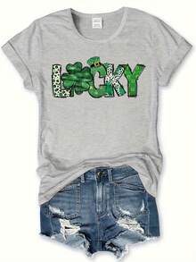 Unisex'S Lucky St. Patrick'S Day Graphic Tee, 100% Polyester Short Sleeve Crew Neck T-Shirt, Casual Spring/Summer Knit Pullovers With Applique Detail, H-Contour Regular Length Top - Black - View 3