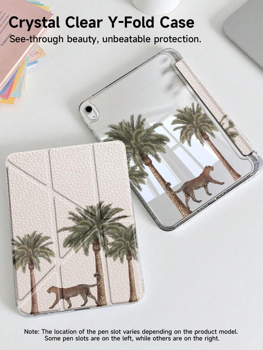 Casing Pelindung Tablet Flip Anti Guncangan Motif Hewan Buas 1 buah Motif Leopard & Pohon Palem Dua Sisi Akrilik Transparan dengan Papan Belakang Kristal, Casing Pelindung Tablet Anti Guncangan untuk Mode Tidur/Bangun, Cocok untuk iPad Air 8(M4) 2026(11/13 Inci), (A16) Generasi ke-11 Model 11 Inci 2025, Generasi ke-9/8/7 10,2 Inci, Tahan Tekuk 3+ Tahun, Slot Pena Terintegrasi, Perlindungan Harian Sempurna, Hadiah Profesional