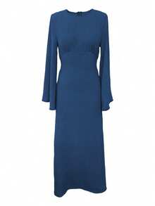 Robe midi unie élégante à col rond, taille froncée, manches longues évasées avec détail de bordure, robe fluide pour femmes, décontractée et bureau - Bleu marine - Voir 7