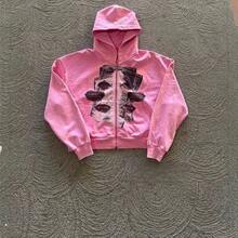 Printed Zipper Sweater Long-Sleeved Pullover Hoodie Vintage Jacket Street - Pink - View 3