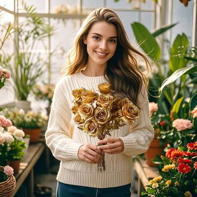 10PCS Artificial Gold Rose Flowers Realistic Roses Bouquet Long Stem For DIY Home Wedding Home Party Decoration Event Valentine's Day Mother's Day Gift 50cm Fake Rose Blossom Bridal Bouquet