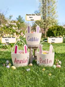 1pc Personalized Handmade Easter Bunny Basket, A Children's Egg-Hunting Basket With A Customizable Name, A Crocheted Easter Basket With Bunny Ears And Decorations, A Custom Pet Toy Storage Basket, And A Custom Easter Gift. ,Travel Organizer - Multicolor - View 4