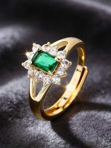 1 pieza Anillo ajustable abierto con incrustaciones de microcirzonia, imitación de esmeralda verde orquídea vintage de lujo, accesorio elegante para fiestas para mujeres - anillo - Ver 1