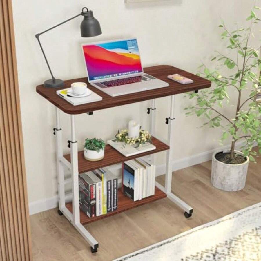 ECHIGOYA Escritorio Portátil Mesa para Laptop Escritorio de Computadora con Repisas Escritorio de Pie Altura Ajustable con Ruedas Mesa para Cama de Hospital Home Office Nogal 60 x 40 cm - Bastante - Ver 1