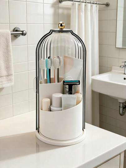 Toothbrush Holders With Sliding Lid, Rotating 3 Slots Bathroom Organizer Countertop, Tooth Brush Toothpaste Holder Bathroom Counter Stand Sink Organizer Caddy For Vanity Makeup Brushes Holder