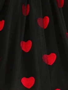 4-7 Years Girls' Heart Embroidery Mesh Dress, Puff Sleeve Pearl Decor Hollow Front Heart Embroidery Mesh Dress With Belt, Suitable For Parent-Child Activities, Parties, Birthdays, Valentine's Day, Daily Wear - Red - View 6