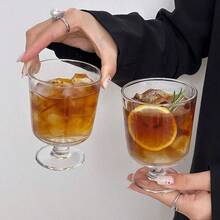 Cốc thủy tinh trong suốt kiểu Retro Ins, cốc đựng cà phê/đồ uống/nước ép chất lượng cao, cốc nước chân thấp, dùng được trong máy rửa chén, vật dụng thiết yếu. - trong suốt - Xem 9