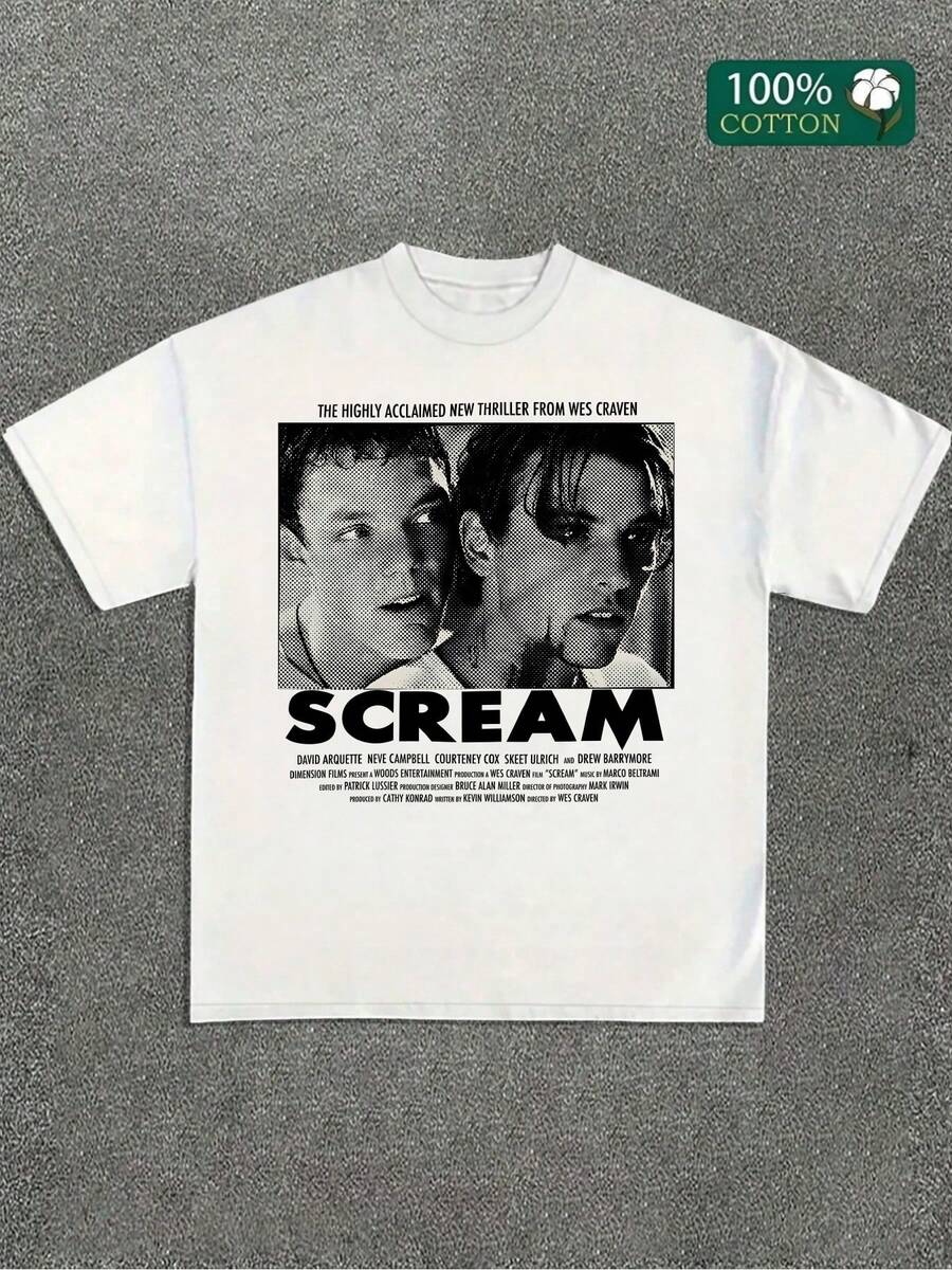 Halloween Creative Tees Scream Movie Vintage Poster Print Graphic Round Neck Short-Sleeved Fashionable T-Shirts Top For Summer, Holiday Gifts - 白色 - 查看 1
