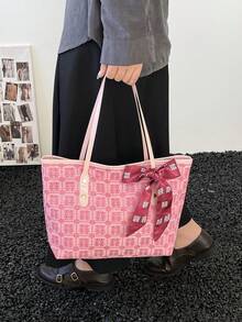 1 chiếc túi tote da PU màu trắng cổ điển trang trí chữ hoa và phụ kiện kim loại, dung tích lớn, dành cho nữ, đeo vai. - Đỏ - Xem 6