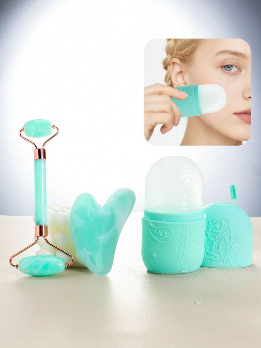 3pcs/Set Facial Beauty Massage Tool Kit - Scraping Board, Gua Sha, Massage Roller, Face Ice Cube Tray, Suitable For Women Facial Massage - Multicolor - View 1