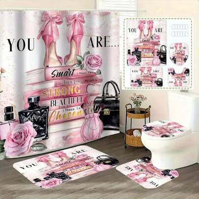 1 Set/4 Sets Waterproof Bathroom Curtain Set With 12 Hooks, Bathroom Curtains, Toilet Seat Cover, Bathroom Mat Anti-Slip Carpet, Polyester Fabric Washable Window Curtain, Bathroom Accessories