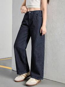1pc Loose Casual Denim Effect Pants, Suitable For School And All Seasons - Dark Grey - View 3