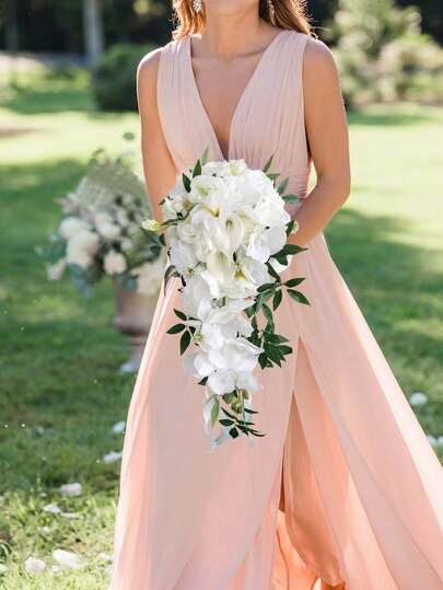 White Artificial Wedding Bouquets For Bride, Orchid Cascading Bridal Bouquet, Real Touch Silk Bouquet For Rustic Boho Vintage Wedding Ceremony Party And Anniversary Bridal Shower Home Decor