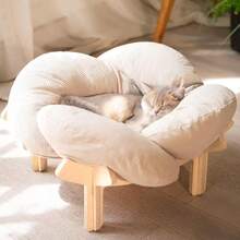 In Stock Wooden Petal Pet Bed Pad, Warm Winter Cat Bed For Small Dogs, Elegant Wooden Indoor Cat Bed, Soft Plush Cat Sofa Bed, Wooden Cat Climbing Frame, Round Wooden Cat Bed, Pet Supplies - White - View 8