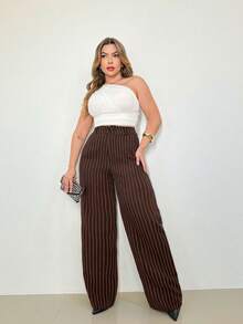 A&DD MODA, REF: H932 (PLUS SIZE) - Women's Plus Size Striped Pants, Stylish Plus Size, High Waist, Wide Leg, Elegant, Casual, Formal, Lightweight, Modern, Comfortable, Women's Pants, Lightweight Fabric, Striped Print, Simple Look, Versatile, High Quality ✨ - 巧克力棕 - 查看 3