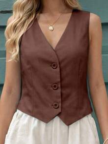 MICHELEE Elegant Women's Vest With V-Neck And Button Closure - Café integral - View 3