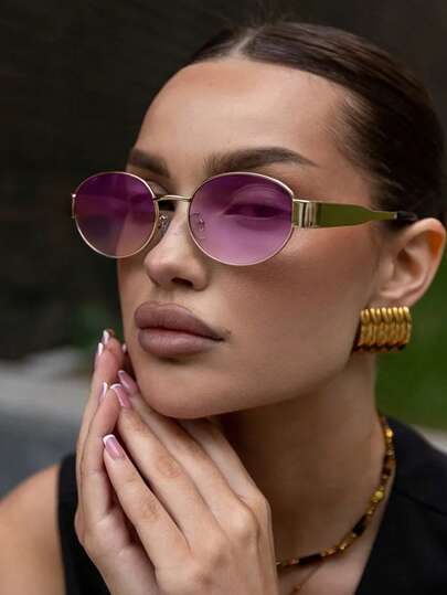 1 par de gafas de mujer con marco de metal ovalado decorativo y personalizado, de estilo callejero y moda de lujo para la playa, con opciones de multicolor, adecuadas para la vida diaria, vacaciones en la playa y decoración para viajes al aire libre