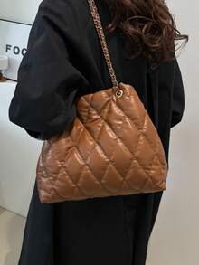 大容量时尚手提包，棉质刺绣绗缝柔软休闲链条单肩斜挎包，女士款 - 咖啡 - 查看 2