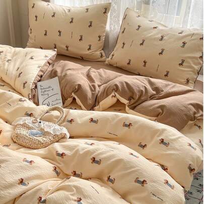 腊肠犬图案四件套床上用品，可爱清新，亲肤双层雪纺纤维，优质床上用品套装（1个被套+1个床单+2个枕套），四季皆宜的卧室装饰，情人节/节日礼物，派对装饰，不含被芯和枕芯，枕套图案随机裁剪