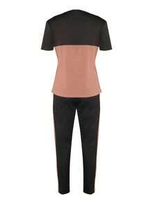 SRoinpar 1pc Colorblock Striped 2-Piece Sports Set, Short Sleeve Drawstring Waist Side Pocket Casual Sports Style Slim Fit Summer - Pale Pinkish Gray - View 2