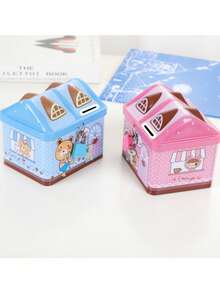 可上锁卡通可爱小猪存钱罐，小巧可爱的金属小屋造型存钱罐，卡通设计，可用作糖果盒，可爱小屋造型金属存钱罐，储蓄工具，桌面摆件，带存取功能的铁罐，节日礼物，奖品，可上锁生日礼物，存钱罐 - 彩色 - 查看 1