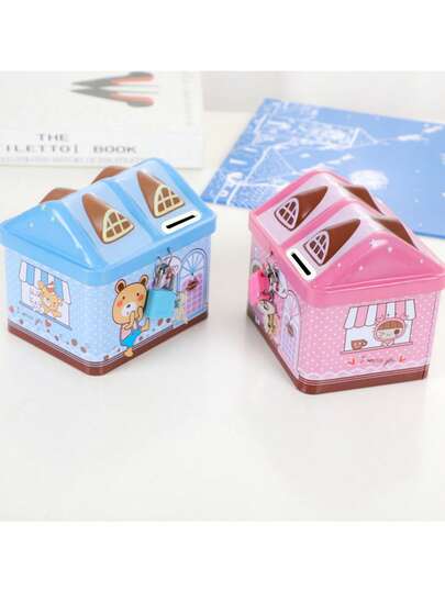 Låsbar tecknad söt spargris, liten och bedårande myntbank i metallformad plåthus, tecknad design, kan användas som godisask, söt husformad myntbank i metall, sparverktyg, skrivbordsdekor, plåtburk med insättnings- och uttagsfunktion, julklapp, pris, låsbar födelsedagspresent, myntbank