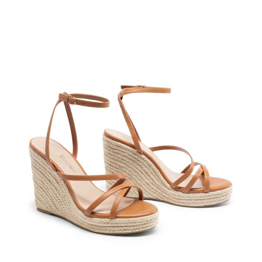 Sandalias de cuña para mujer con tiras, plataforma de alpargata, punta abierta, elegantes para el verano, cómodas con plantilla acolchada, con correa de tobillo y hebilla - Camel - Ver 1