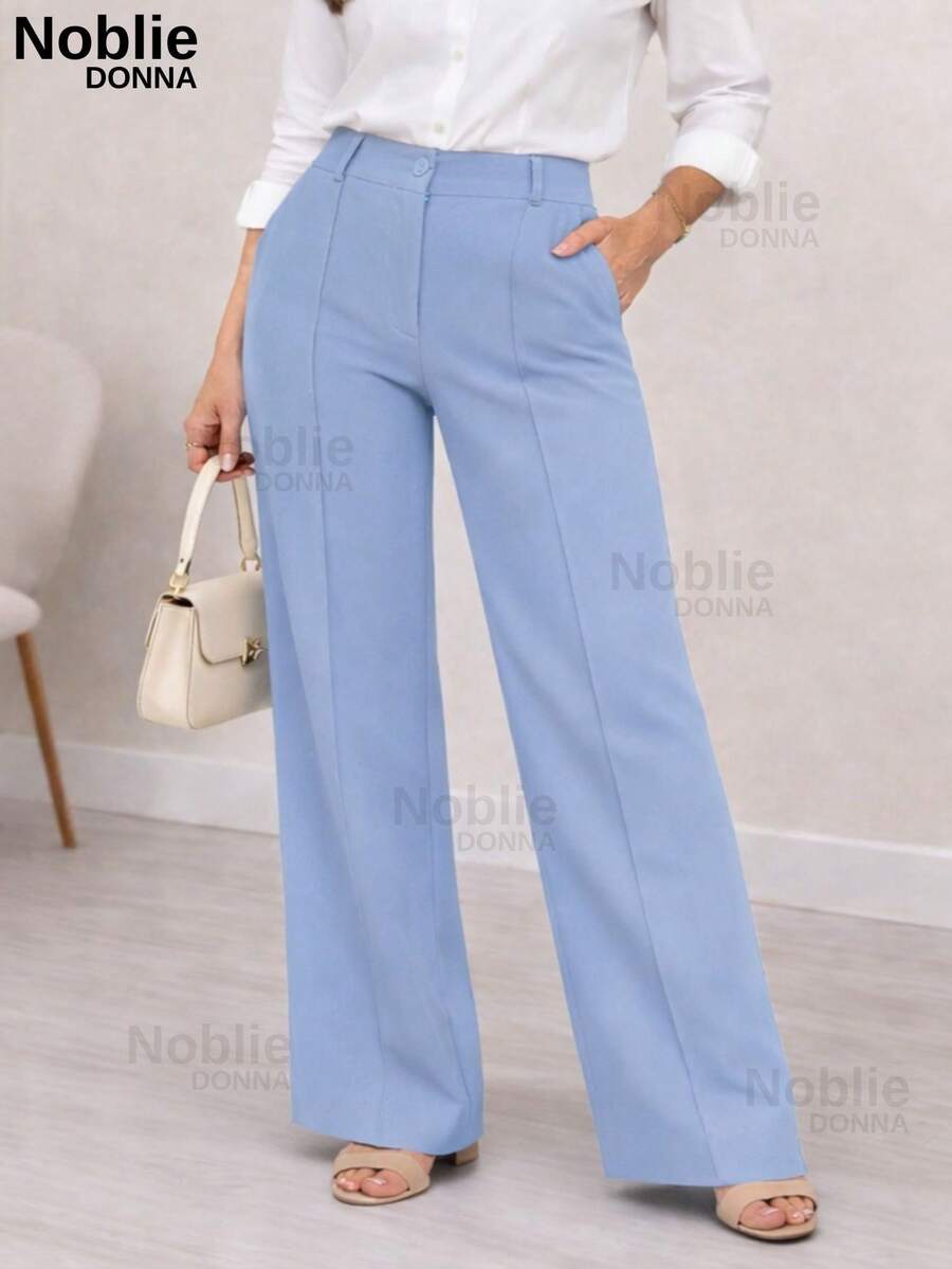 Women's Tailored Dress Pants, Wide Leg, With Zipper, Pockets, And Button, For Office Use. - Baby Blue - View 1