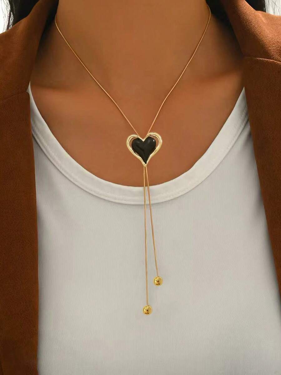 1pc New Minimalist Elegant Y-Shaped Necklace For Women, Fashion Personality Round Snake Chain, Geometric Textured Disc, Bicolor Heart Pendant, Tassel Long Sweater Chain, Versatile Metal Accessory For Daily Wear & Gift - Golden - View 1