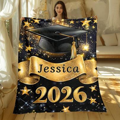 Graduation Hat Celebrating Graduation Of Class 2026 Custom Name Print Portable Blanket- Lightweight Throw For Sofa, Travel, Camping, Bed, Living Room, Office, And Bed - Digital Printing Blanket With Soft And Warm Fabric 280gsm 1pc  Room Decor Home Essentials Decor For Bedroom Blanket Wool Throw Blanket 50X 60lnch(Approx.137.2X 152.4Cm) Pattern Printed Blanket