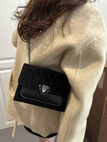 Túi xách nữ thời trang màu trơn bằng da PU họa tiết hình thoi, túi đeo chéo đa năng có nắp gập và dây xích, túi đựng điện thoại/tiền xu hình vuông kiểu dáng thường ngày, túi du lịch nghỉ dưỡng, túi đeo chéo công sở/sinh viên hàng ngày. - màu đen - Xem 7