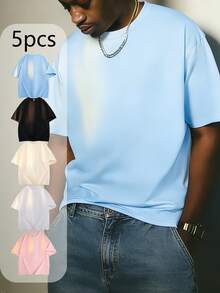 5件/包 基本款纯色短袖T恤，5种颜色可选，适合日常穿着、户外、旅行、休闲、街头风、工作通勤等场合。 - 藍色 - 查看 1