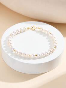 AETOLIA 14K Gold Plated 925 Sterling Silver 5-6mm Round Natural Cultured Pearl Beaded Bracelet, Handmade Design, Elegant Wedding Bracelet For Women - Yellow Gold - View 4