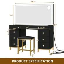 Makeup Vanity Set With 3 Color Lighted Mirror & Charging Station & Stool, Modern Vanity Desk Dressing Table With 9 Drawers & Magnifying Glass For Bedroom For Women Girls,Black - 查看 4